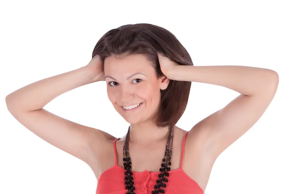 Smiling latino female in red dress posing — Stock Photo, Image