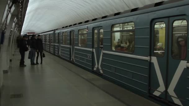 Salida del tren en la estación de metro de Moscú Turgenevskaya . — Vídeo de stock