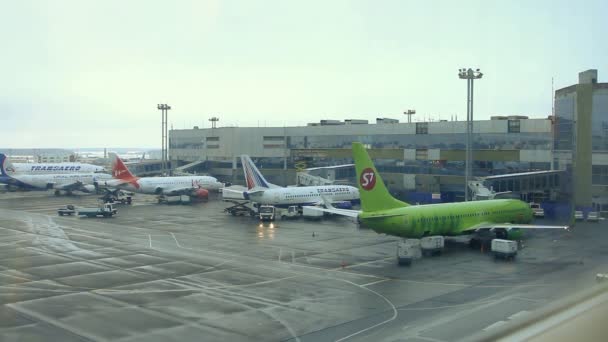 Moscú, Federación Rusa - 20 de febrero de 2015: Aviones de aterrizaje de tráfico aeroportuario, esperando el permiso de despegue de aeronaves en la pista, carga y descarga de equipaje — Vídeos de Stock