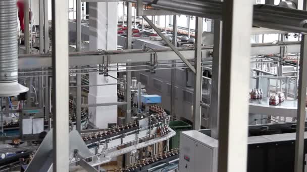 Plastic water bottles on conveyor or water bottling machine — Stock Video