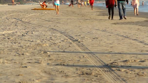 Oidentifierade människor promenerar på stranden. — Stockvideo