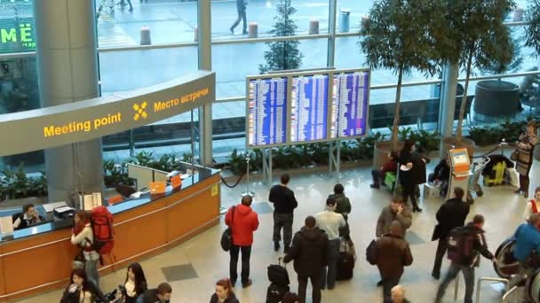 Moscow, Federacja Rosyjska - 20 lutego 2015: ludzie w pobliżu tablica informacyjna wewnątrz hali przyjazdu w międzynarodowe lotnisko Moskwa-Domodiedowo — Wideo stockowe