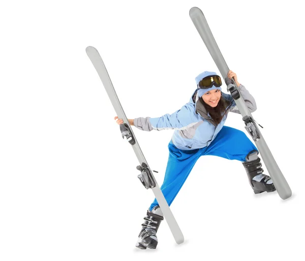 Jong meisje in sportwear met ski geïsoleerd over Wit — Stockfoto