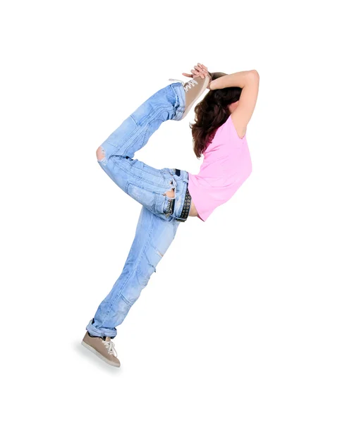 Teenager tanec break dance v akci nad bílou — Stock fotografie