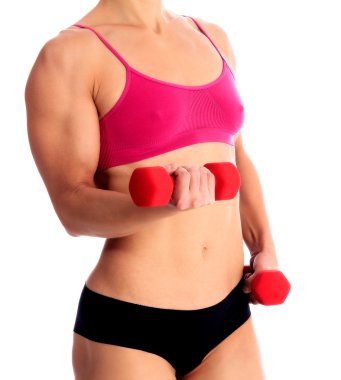 Kırmızı barbell ile güçlü kadın