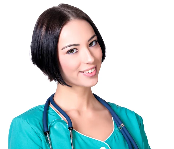 Doutor mulher sorrindo para você, isolado em fundo branco — Fotografia de Stock