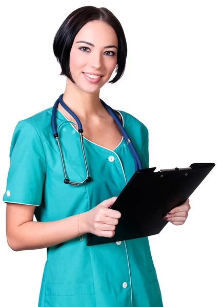 Mujer doctora sonriéndote, aislada sobre fondo blanco — Foto de Stock