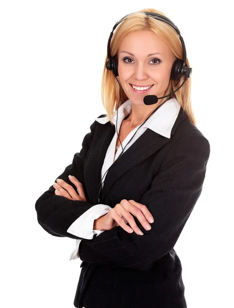 Mulher do call center sorrindo feliz falando em mãos cabeças livres — Fotografia de Stock