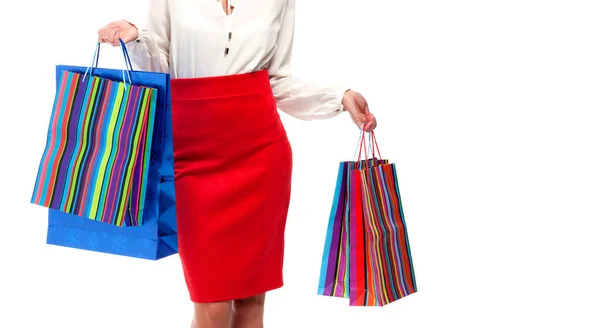 Bonita Mujer Con Bolsas Compras Aislado Sobre Fondo Blanco —  Fotos de Stock