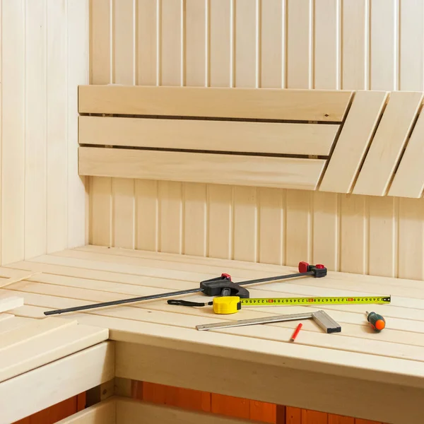 Sauna Construction Progress Wooden Walls Benches — Stock Photo, Image