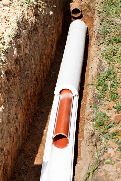 Instalación Agua Principal Alcantarillado Sanitario Sistemas Drenaje Tormentas Tubos Plástico —  Fotos de Stock