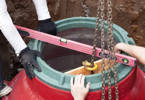 Instalación Depósito Subterráneo Para Sistemas Alcantarillado —  Fotos de Stock