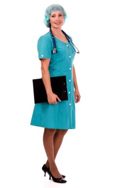 Doktor kadın beyaz arka plan, tam portre