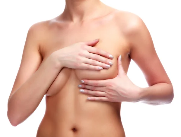 Kadın göğüslerini kanser kontrol eder. — Stok fotoğraf