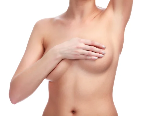 Ženské řídící prsu pro rakovinu, izolované na bílém — Stock fotografie