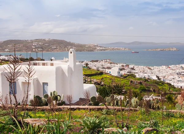 Vista superior da cidade de Mykonos através dos medows. Grécia . — Fotografia de Stock