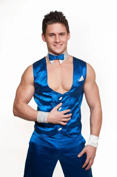 Modelo Masculino Musculado Suíte Dança Azul Branco Isolado — Fotografia de Stock