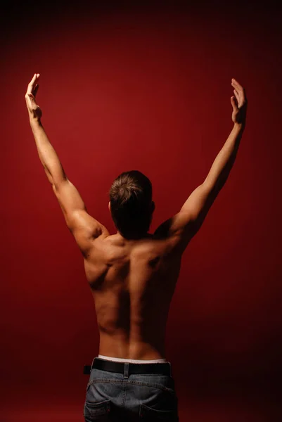 Muskulös Manlig Modell Som Visar Ryggen — Stockfoto
