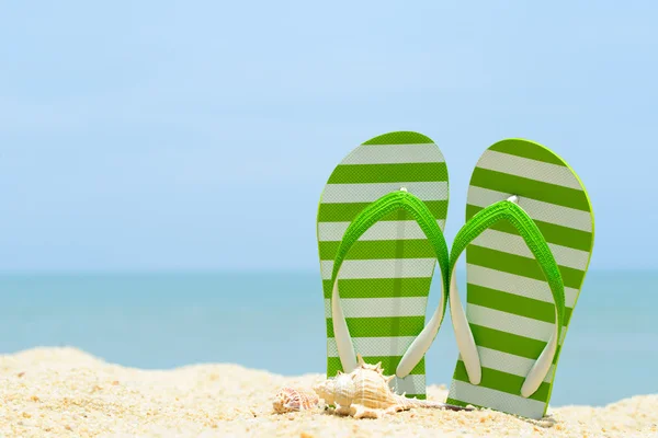 Playa de verano con coco y sandalia — Foto de Stock