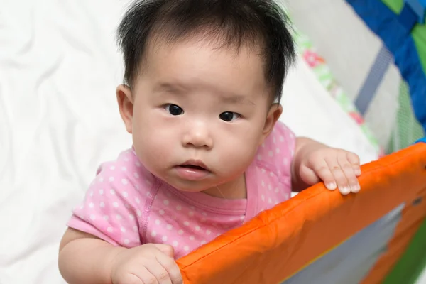 Ασιατική μωρό σε παρκοκρέβατο — Φωτογραφία Αρχείου