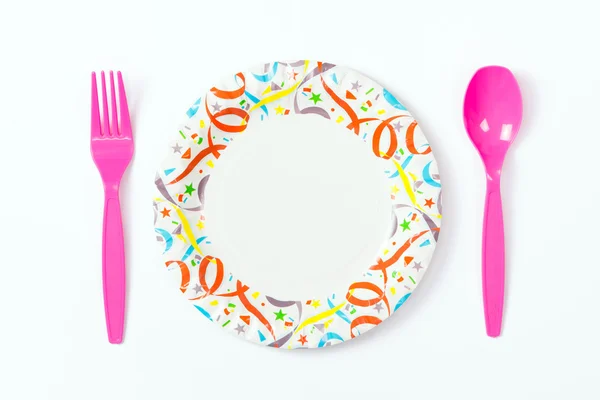 Party plate with spoon and fork — Stock Photo, Image