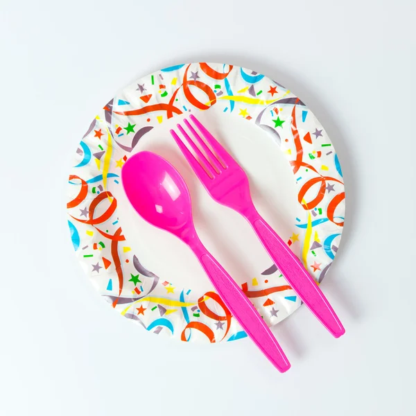 Party plate with spoon and fork — Stock Photo, Image