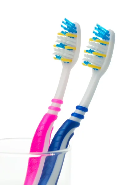 Cepillos de dientes rosa y azul — Foto de Stock