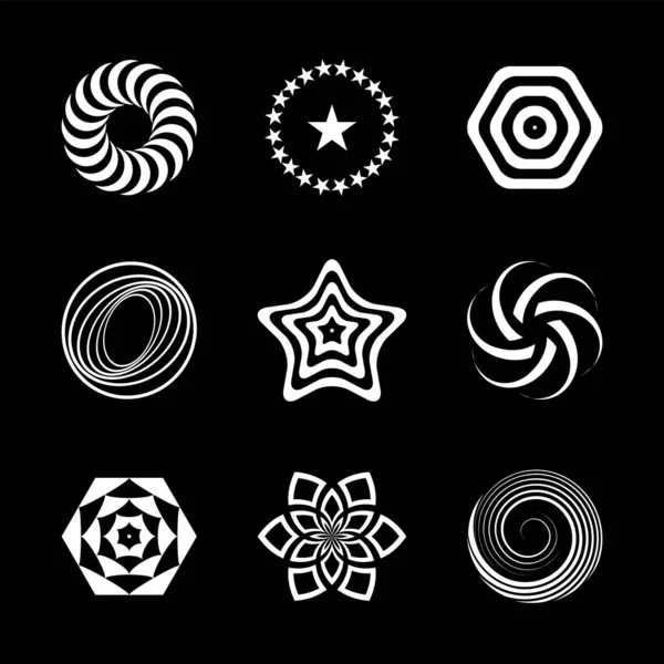Elementos Diseño Establecidos Iconos Blancos Abstractos Sobre Fondo Negro Arte — Vector de stock
