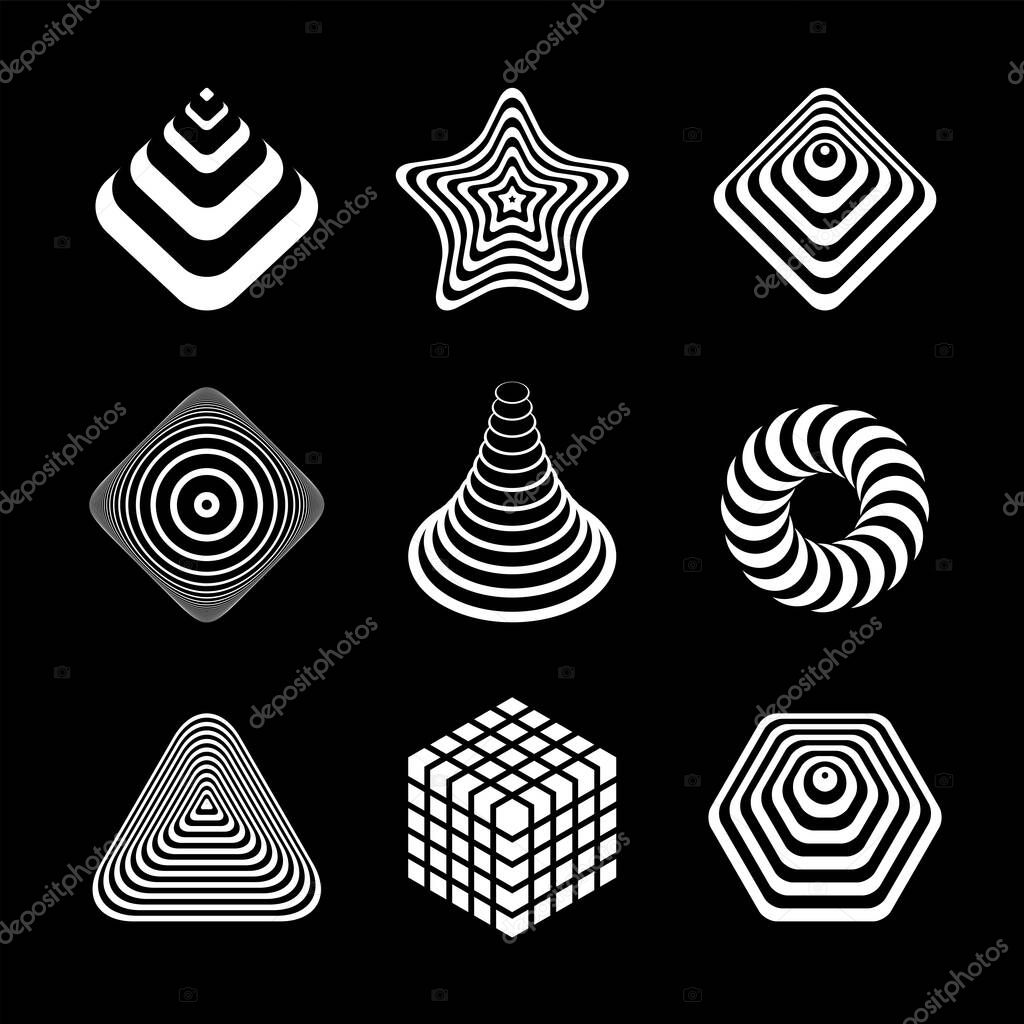 Design elements set. Abstract white icons on black background. Vector art.