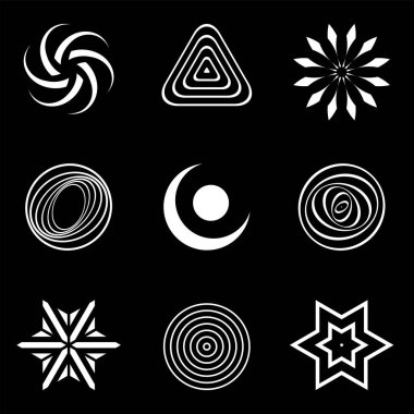 Tasarım elemanları ayarlandı. Siyah arkaplanda soyut beyaz simgeler. Vektör sanatı.