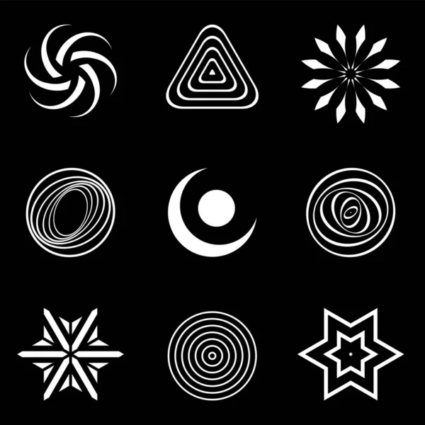 Elementos Diseño Establecidos Iconos Blancos Abstractos Sobre Fondo Negro Arte — Vector de stock