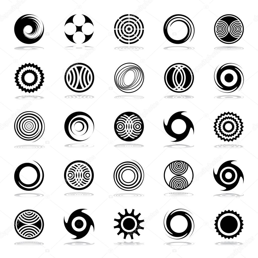 Design elements set. Abstract circle circular and spiral black icons. Vector art.