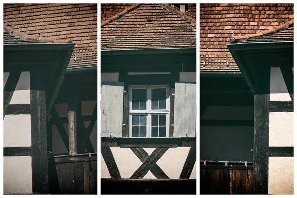 Triptyque Vieilles Maisons Colombages Détails Architecturaux — Photo