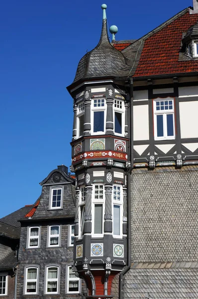 Decorated Facade Old Medieval House Goslar Germany Roof Wall Covered — Stock Photo, Image