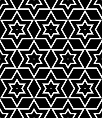 Soyut, dikişsiz geometrik yıldızlar, elmaslar ve altıgen desenler. Vektör sanatı.