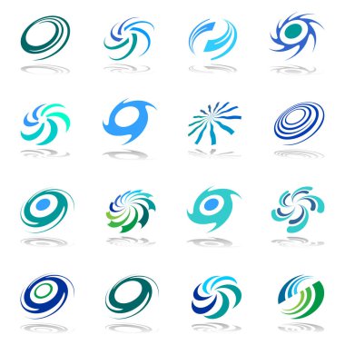 Soyut dairesel dönüşler ve spiral simgeler. Tasarım elemanları ayarlandı. Vektör sanatı.