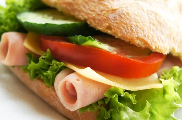 Closeup Cheese Sandwich Bacon Lettuce Tomato Cucumber — Stock Photo, Image