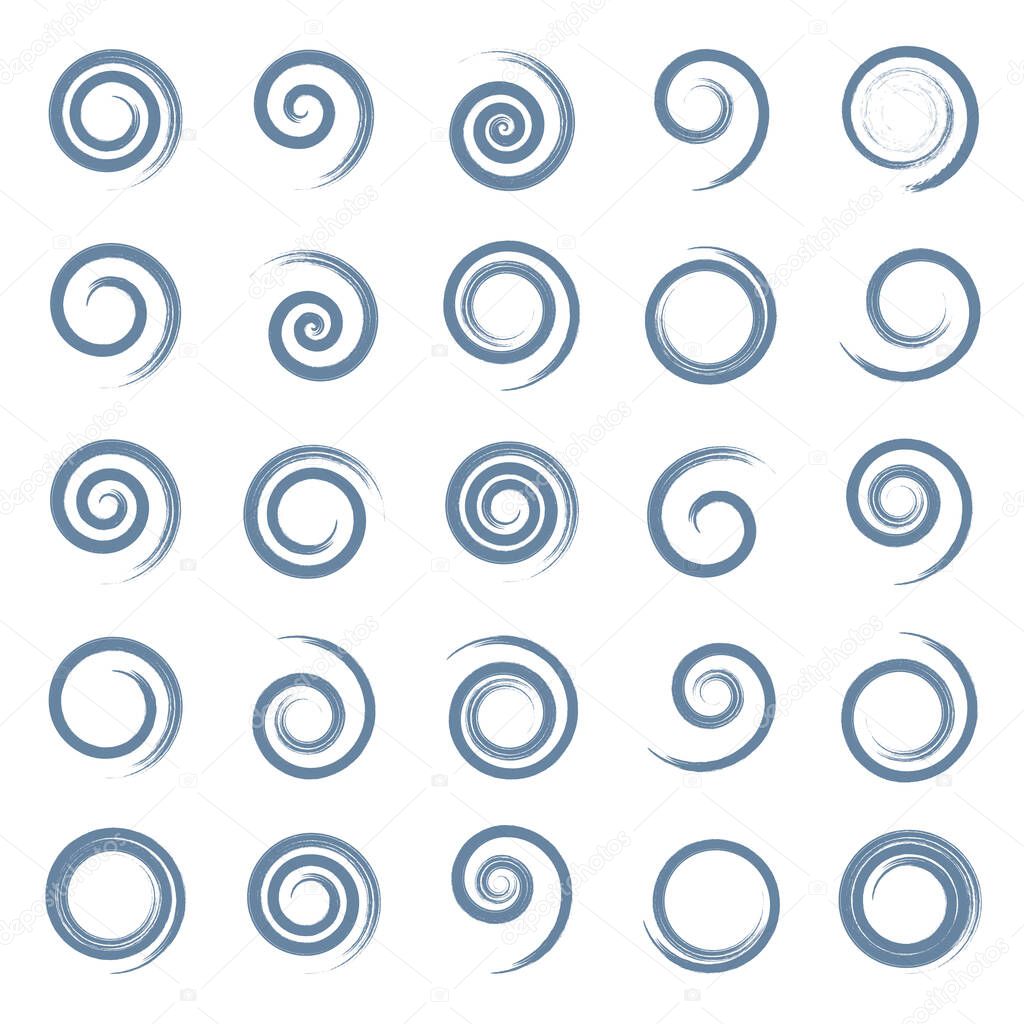 Spiral design elements with brush strokes effect. Vector art.