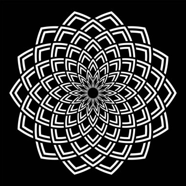 Siyah arkaplanda soyut dekoratif daire şeklinde beyaz desen. Vektör sanatı.