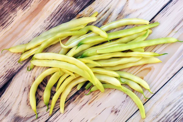 Pods Yellow Green Beans Wooden Table Top View — Stock Photo, Image
