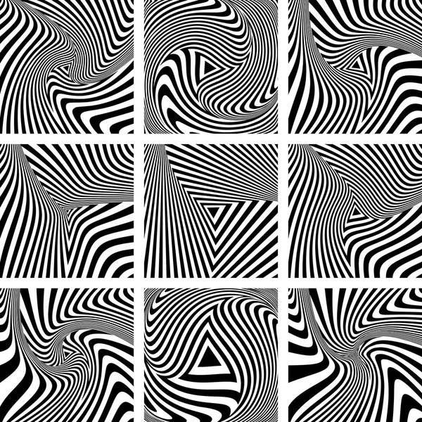 Złudzenie skrętne. Zestaw wzorców op art. — Wektor stockowy