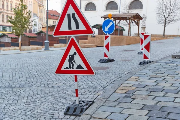 Urban construction site with warning signs — Stock Photo, Image