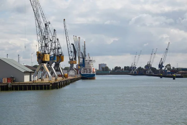 Industrial ships in dock with rotterdam city view — Stock Photo, Image