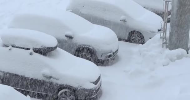 Nieva en los coches de estacionamiento en invierno — Vídeos de Stock