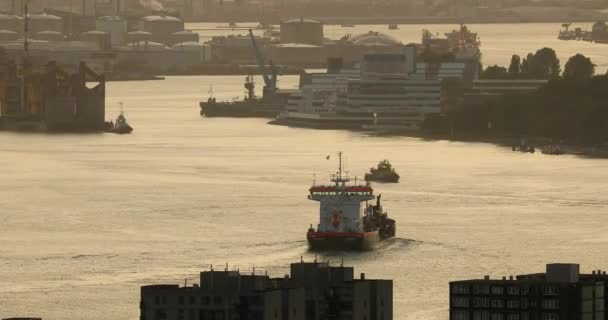 Драматический индустриальный ландшафт с доками и грузовыми кораблями — стоковое видео
