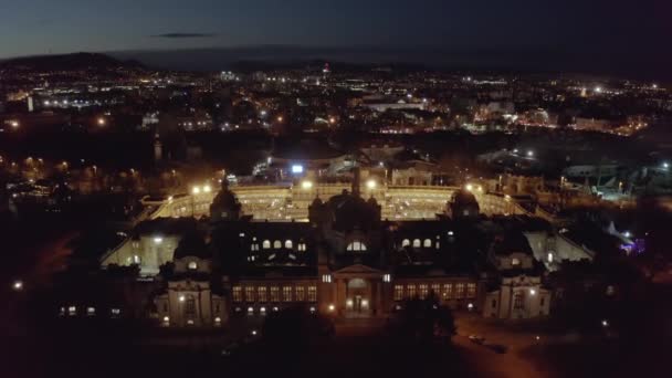 Szechenyi Thermal Bath in Budapest, aerial view drone footage at night