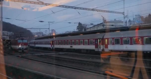 Pociąg na kolei, widok z okna — Wideo stockowe