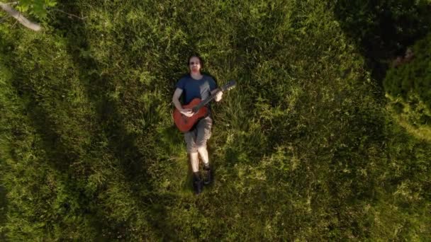 Jouer de la guitare dans l'herbe, vue aérienne — Video