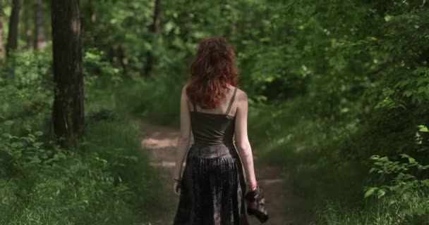 Meisje wandelend op een bospad — Stockvideo