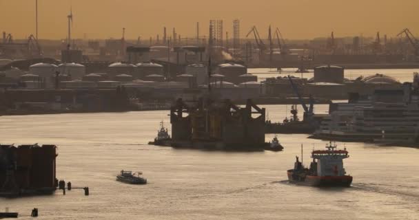Rotterdam Drukke Industriële Waterwegen, Vrachtschepen — Stockvideo